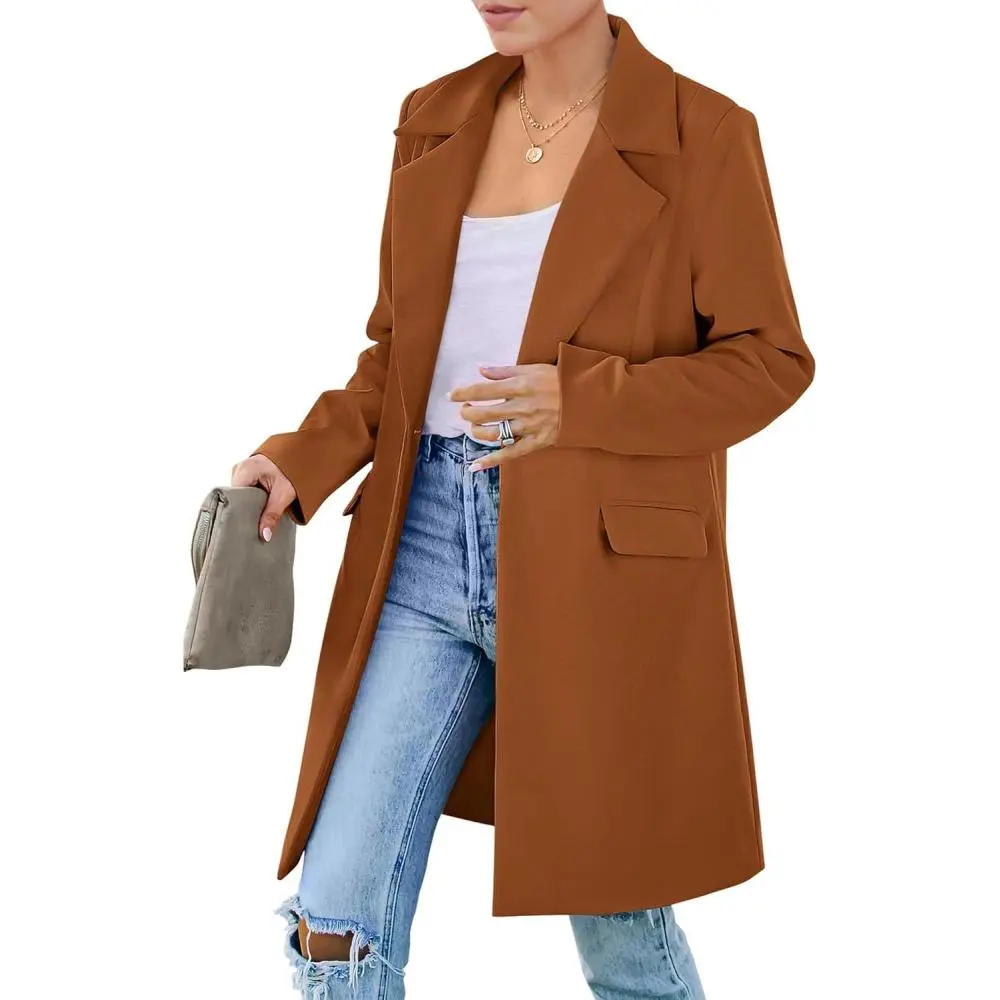 Women's 2025 Spring Fall Long Blazer Jackets Long Sleeve Lapel Pockets Loose Fit Work Casual Blazers Outerwear