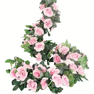 Artificial Rose Garlands, Fake Plastic Flower Garlands with Greenery, Wedding Hanging Flower Vines for Home & Office Decor ()