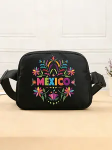 Women's Nylon Crossbody Bag - "MEXICO" Colorful Floral Print Mini Shoulder Bag with Adjustable Strap for Mexican Culture & Travel