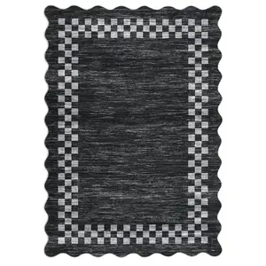 9 x 12 ft Dark Grey Low Pile Weave Polyester Rectangular Abstract Boho Checkered Area Rug, Indoor High-Traffic Use, Geometric Edge, Modern, Machine Washable, Abstract Area Rugs