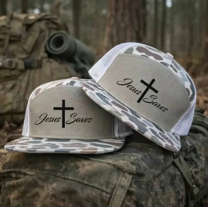 Jesus Saves Embroidered Trucker Cap | 7 Panel Khaki Camo Snapback Hat | Faith Inspired Christian Streetwear Headwear