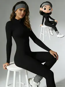 Women's Long Sleeve Half Zip Jumpsuit, Yoga Jumpsuits, Sportswear Jumpsuits, Workout Jumpsuits, Stretchable Activewear, High Waisted Sporty Design, Soft Stretch Fabric, Perfect for Yoga & Gym, Fall & Winter Wear, Sporty Comfy Jumpsuit