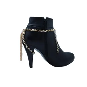 Women Western Fashion Jewelry Gold Metal Boot Chain Anklet Shoe Long Tassel Fringe Charm Strap Wrap Around