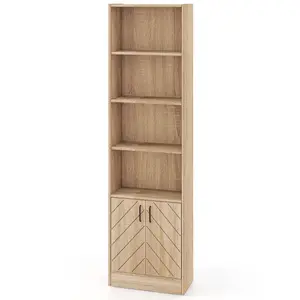 COSTWAY - 71 Inch 6-Tier Tall Bookshelf with Double Doors 4 Open Cubes-Oak