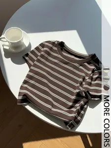 1 Piece Striped Slim Fitted Cropped Top | Sweet Cool Casual Aesthetic | Crew Neck Short Sleeve + Stretchy Ribbed Elastic Design | Perfect for Girls' Shopping Spree / Café Photo Ops