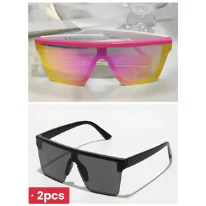 2pcs Gradient Color Ocean Style Flat Top Shatterproof Polycarbonate Lens Sunglasses, Dock Music Festival Personalized Decor Icy Blue Mirrored Lens Fashion Glasses With Free Strap & Cleaning Cloth