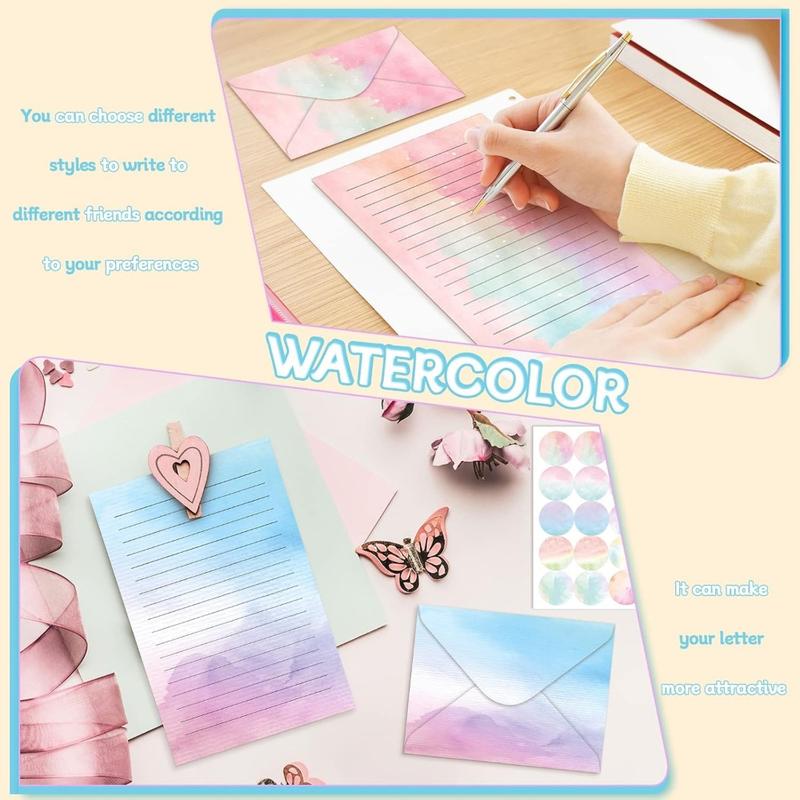 160 Packs Stationery Paper Set (50 Double Sided Stationery Writing Papers 50 Matching Envelopes) 60 Round Dot Sticker, 10 Design(Watercolor,5.5 x 8.25 Inch)