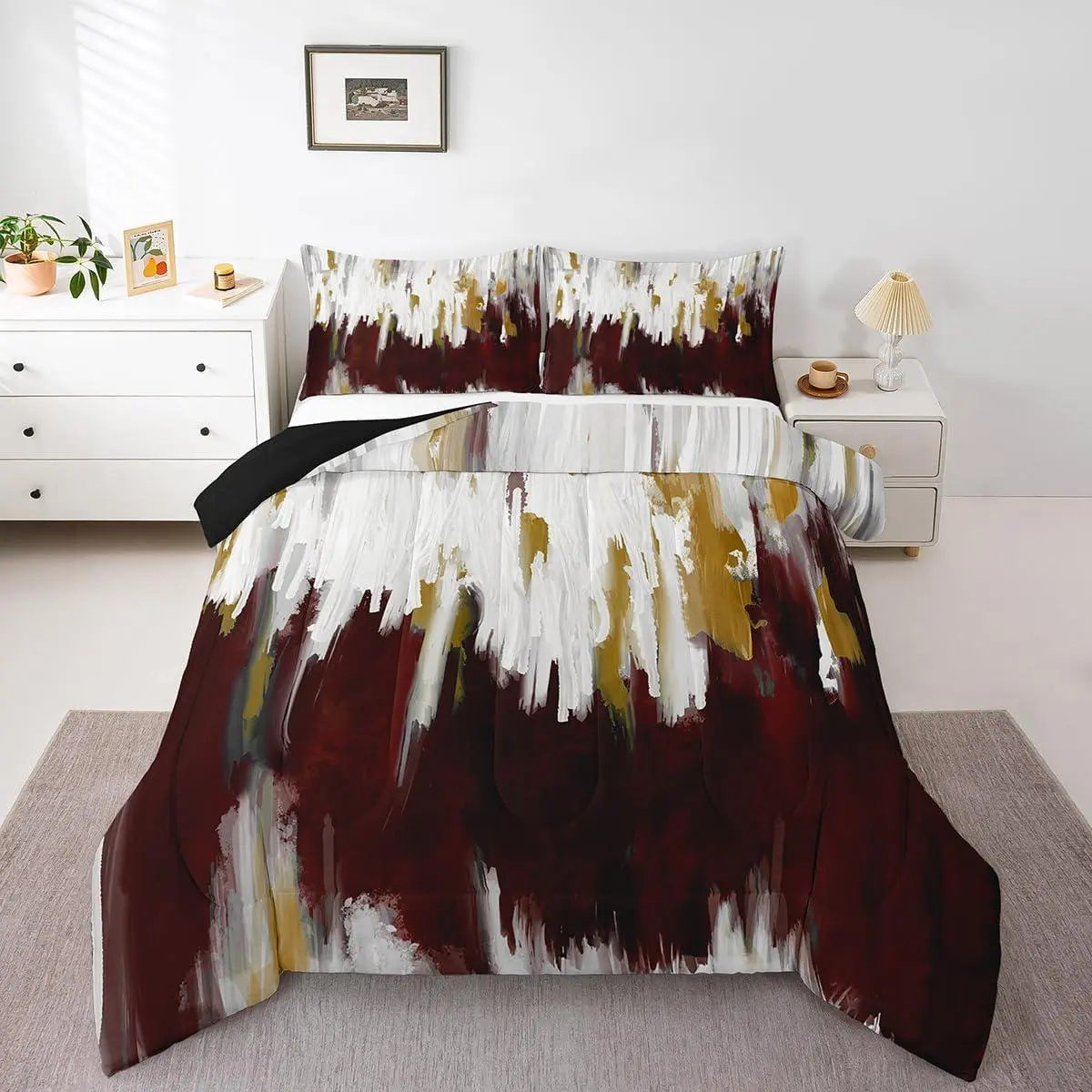 Feelyou Burgundy Microfiber Duvet Set - Ombre Abstract Art, Brush Marks Gradient, Watercolor Stripe Aesthetic, Soft Bedding Set with Contemporary Vintage Design, Microfiber Bedding Set, Soft Bedding Sets