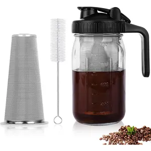 Cold Brew Coffee Maker, 32 oz Wide Mouth Mason Jar Pitcher with Stainless Steel Filter, Pour Spout Handle Lid, Heavy Duty Glass Airtight & Leak-Proof Pitcher for iced coffee & Tea Lemonade