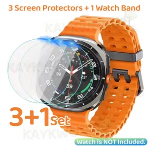 KAYKWONG'S 1 Set, Include 3 Pack Tempered Glass Transparent Screen Protector & 1 Silicone Watch Band, 9h Hardness Anti-Scratch Auto Alignment Kit with Tool for Samsung Galaxy Watch 7 Ultra Series,47mm