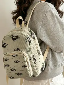 1 piece of panda bamboo leaf pattern 2D printed lady's backpack, velvet texture + layered storage + light weight reduction | perfect for students to go to class/shopping/short trips | combines atmosphere with practicality