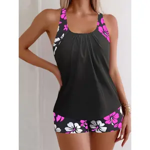 European And American New Black Split Swimsuit Female Sexy Slim Fit Printed Boxer Shorts Tankini Swimsuit Female