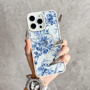 Blue Floral Toile Pattern Magnetic Snap Case for iPhone 17/16 Pro Max 15 Pro 14 13 12 Mini 11 XR XS Plus SE Shockproof Slim Protective Cover