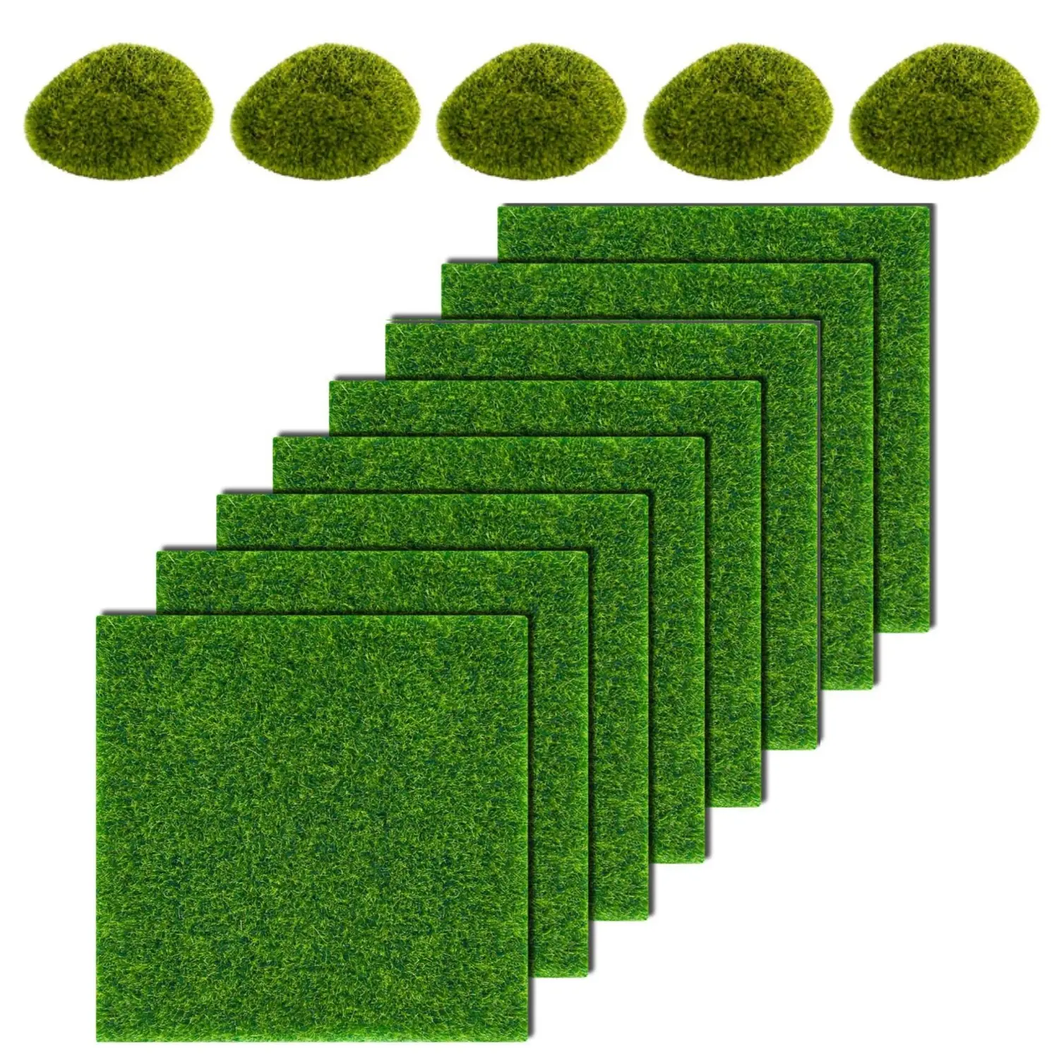 8 Pcs Fake Grass for Crafts Fairy Garden Grass 6 x 6 Inches Artificial Garden Grass for Miniature Ornament Garden Dollhouse DIY Decoration with 5Pcs 1.9x1.5inch Artificial Moss Rocks Room Fruit Set