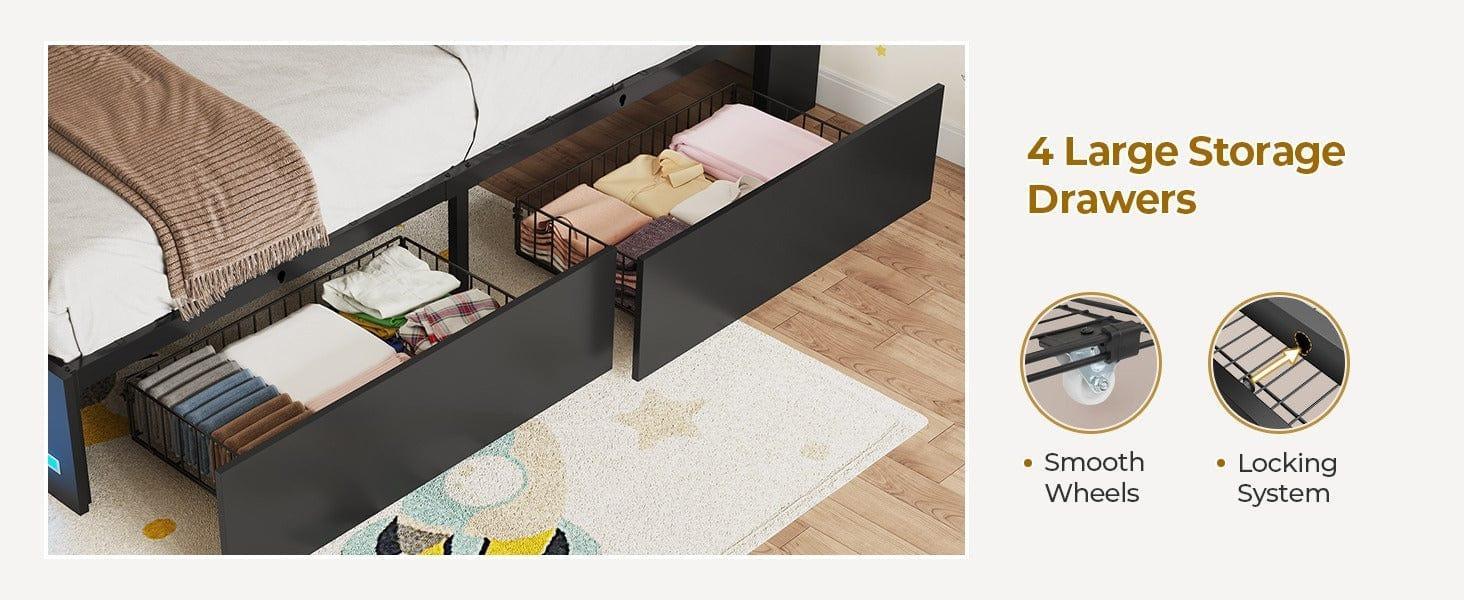 SIKAIC LED Bed Frame - Bedroom Furniture with MDF Board Bookcase Headboard, 4 Storage Drawers, USB Port, Type-C Charging Station, Black LED Light Platform Bed