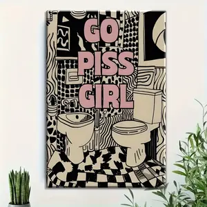 Single Panel Retro Canvas Wall Art Titled "Go Girl", Featuring a Bold Black and White Zebra Print Design, Piece Suitable for Indoor or Outdoor Use in Bathroom, Bedroom, or Office Decor.