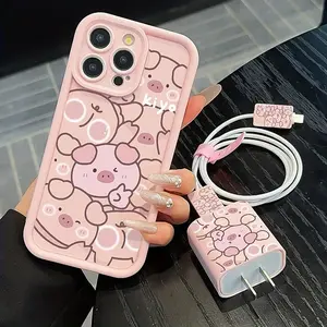 Pig Pattern iPhone Case Set with Charger & Cable Accessories, 5-Piece Mobile Phone Protection for iPhone 11 to 16 Series