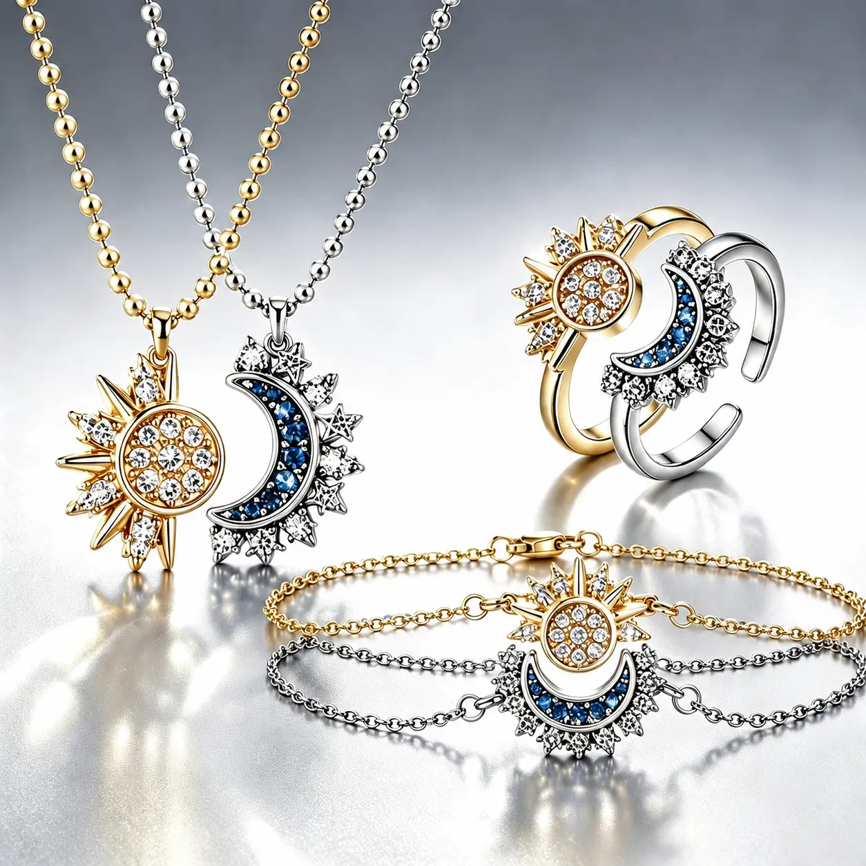 Sun and Moon Jewelry Set, Celestial Necklace Ring Bracelet Set, Gold and Silver Matching Jewelry, Y2K Aesthetic Accessories for Women,Thoughtful Gifts for Best Friends/Bestie/Couple