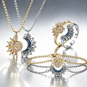 Sun and Moon Jewelry Set, Celestial Necklace Ring Bracelet Set, Gold and Silver Matching Jewelry, Y2K Aesthetic Accessories for Women,Thoughtful Gifts for Best Friends/Bestie/Couple