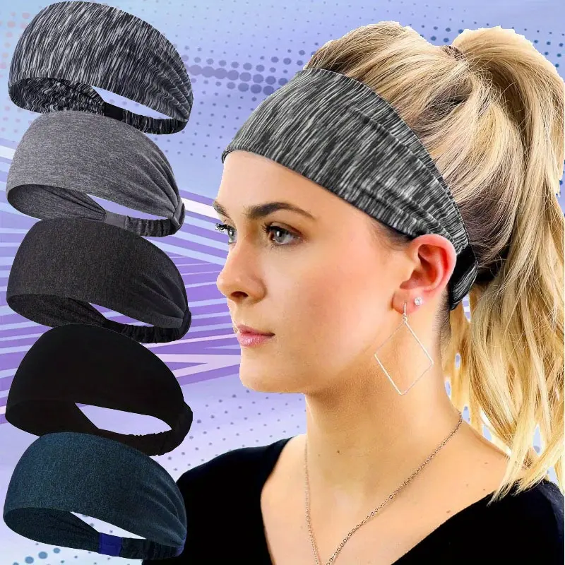 Women's 5-Pack Moisture-Wicking Polyester Elastic Wide Sports Headbands - Casual, Athletic, Moisture, Sweatbands Sports Headbands for Female Running, Gym, Casual Sports Headbands