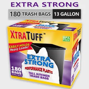 Xtratuff Basics Trash Bags 13 Gallon Flap Ties Tall Kitchen Garbage Bags White Trash Bag 180 Count BPA FREE Strong Rubbish Bag