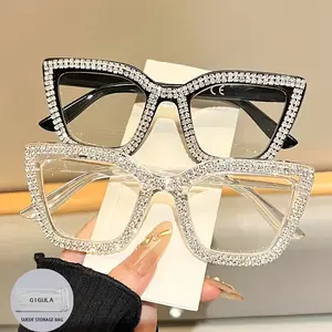 2PCS Women's Retro Square Cat-Eye Diamond-Embedded HD Reading Glasses - PC Material, +1.0 to +4.0 Diopter, Lightweight, Durable, HD Finish, Suitable for Daily Computer Work, High Quality Eyewear