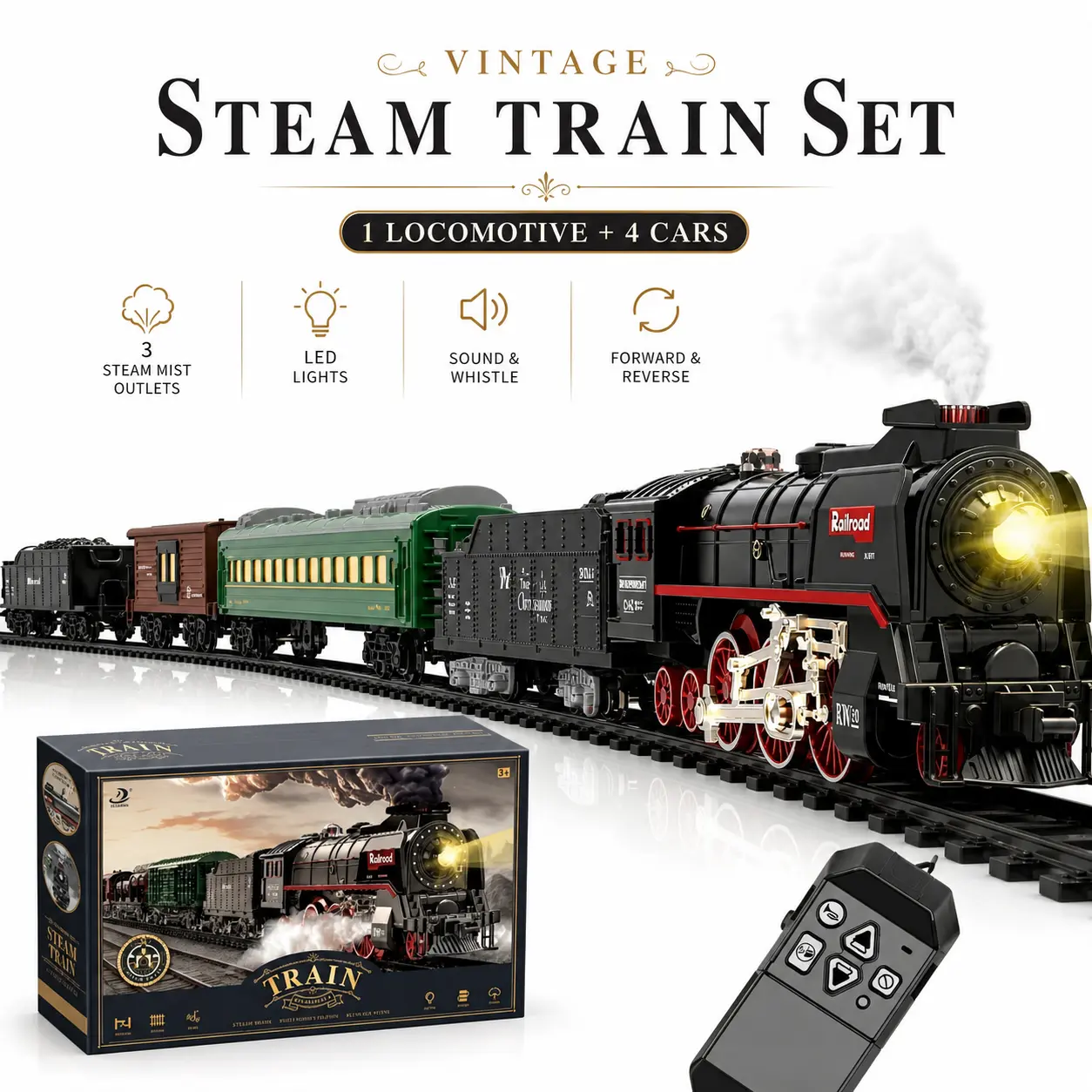 Remote Control Lighted Train Set with Steam Mist, Electric Railway Toy with Sound Effects & Whistle for Kids Gift