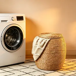 Boho Laundry Hamper, Handwoven Wicker Storage Ottoman with Lid, Multipurpose Stool & Storage Basket summervibes