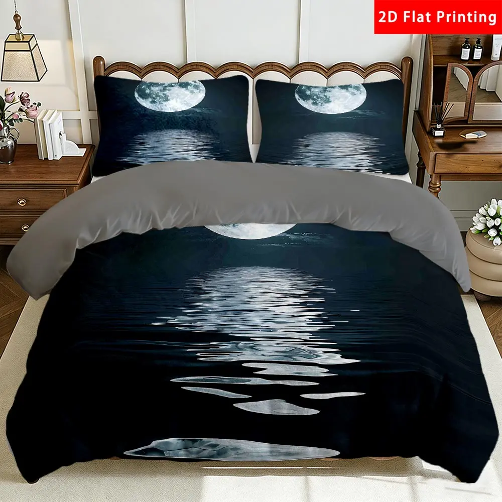 2/3 Pcs 2D Flat Moon Reflection Design Milk Velvet Duvet Cover Set，Moonlit Water Reflection Bedding Set Quilt Cover 1 Duvet Cover + 1/2 Pillowcases，Moon Water Reflection Top Sheet Decorative Bedding Bedroom DecorThe Preferred Pick for Bedding