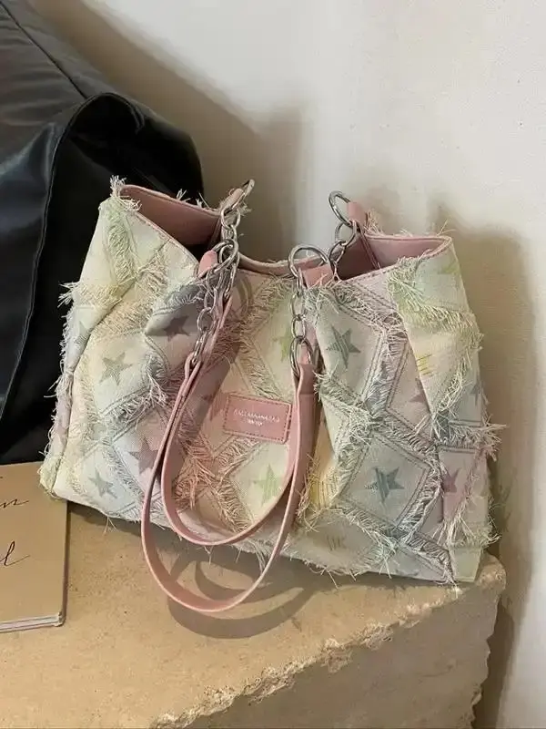 Star Pattern Raw Trim Travel Tote Bag, Pink Mom, Purses, Fashionable Patterned for College, Large Shoulder Work Bags, Trendy Commuter Purse High-capacity Denim Dating, Classes, Ladies Unique Everyday Shopper Handbag
