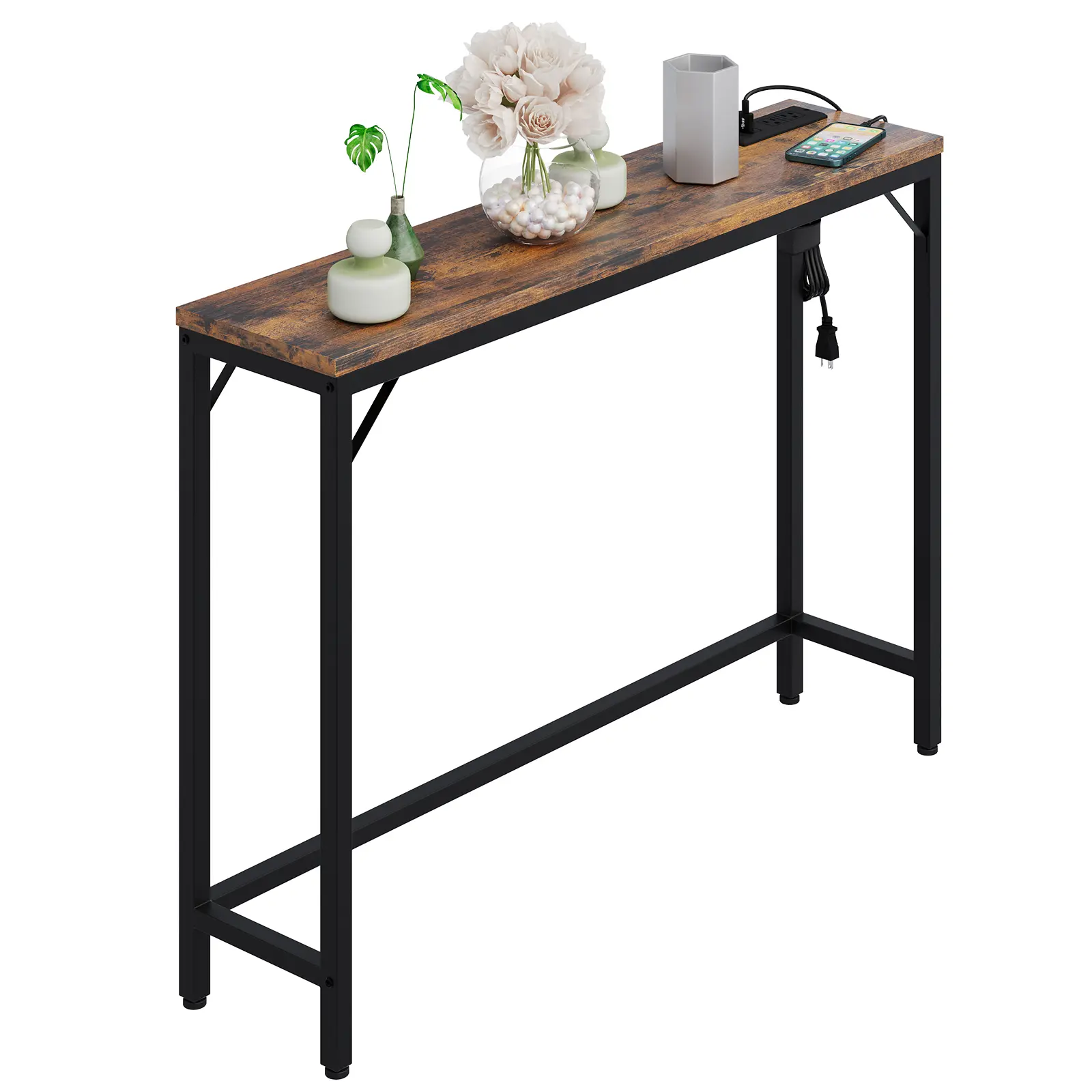 39.4" Modern Narrow Console Table with Integrated Charging Station and Metal Legs – Slim Sofa Side Table for Entryway, Hallway, or Behind Couch – 110 lb Capacity, Easy Assembly