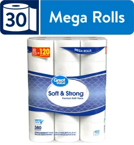 Great Value Soft & Strong Premium Toilet Paper, 30 Mega Rolls, 380 Sheets per Roll