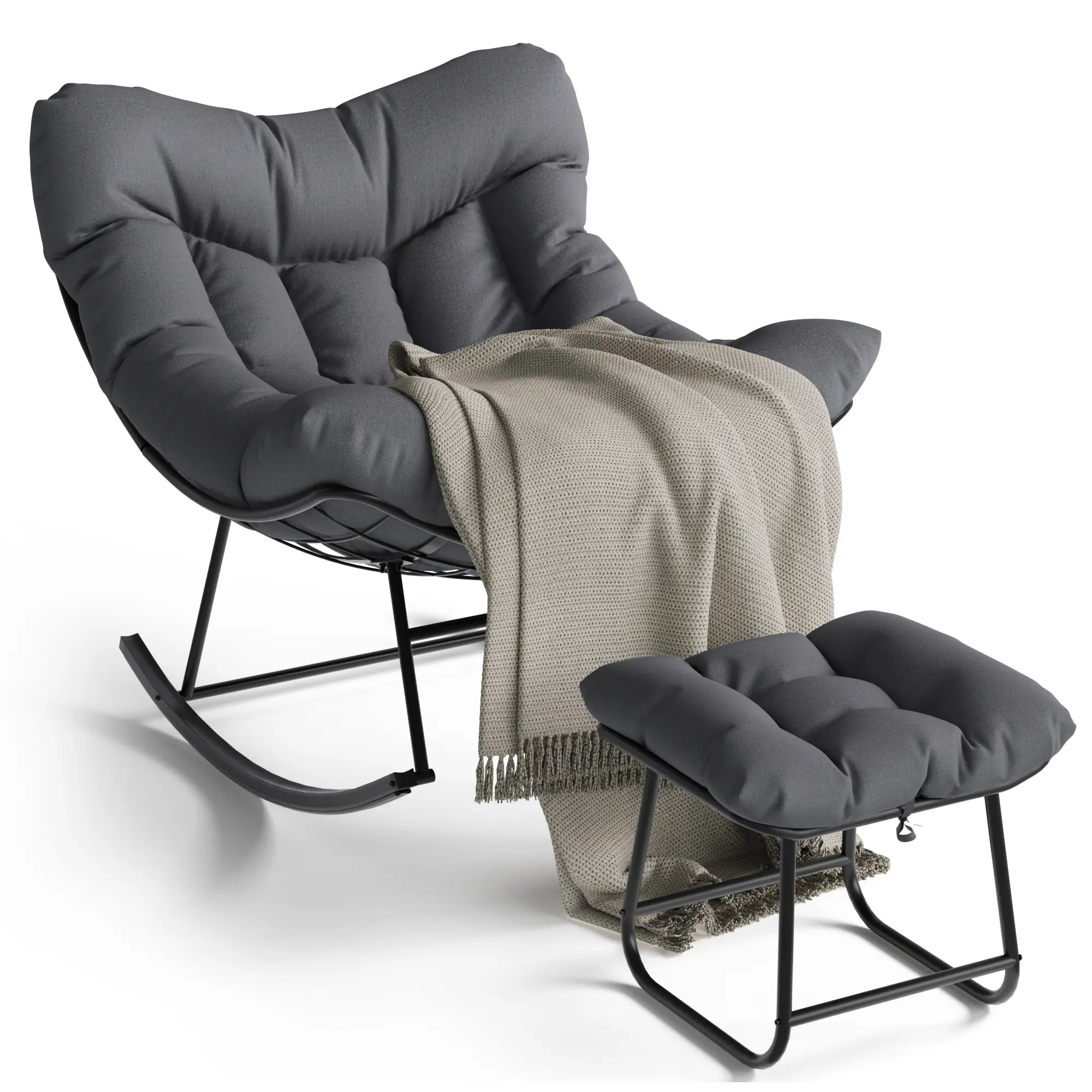 Outdoor Oversized PE Wicker Papasan Rocking Chair with 5" Plush Curved Seat, Footrest, Ottoman Lift & Metal Frame, Patio Lounge Chair for Backyard Relaxation, Balcony