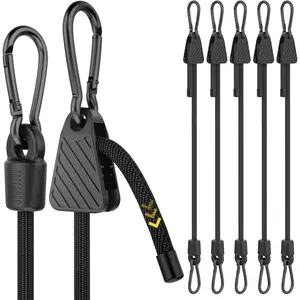 Adjustable Bungee Cords with Hooks, 6 Pack Heavy Duty Outdoor Carabiner Bungee Cord, Black Super Elastic Bungee Straps Easily Adjust from 7" to 48",  for Cargo, Camping,  Racks, Tents