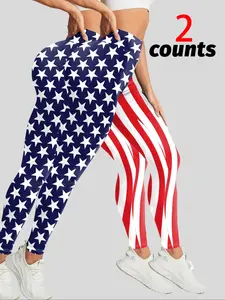 2-Pack High Waist American Flag Print Yoga Pants - Women's Tummy Control & Booty Lifting Workout Leggings for Gym, Running & 4th of July (Red White & Bold Style, Stars & Stripes Style)