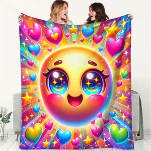 Rainbow Cute Sun Expression Cartoon Pattern Flannel Blanket, Rainbow Gradient Color Sweet Cover Blanket, Soft and Fluffy Warm Blanket, Outdoor Sports Blanket, Gift Blanket, Suitable for Living Rooms, Sofas, Offices, Camping, and Travel.
