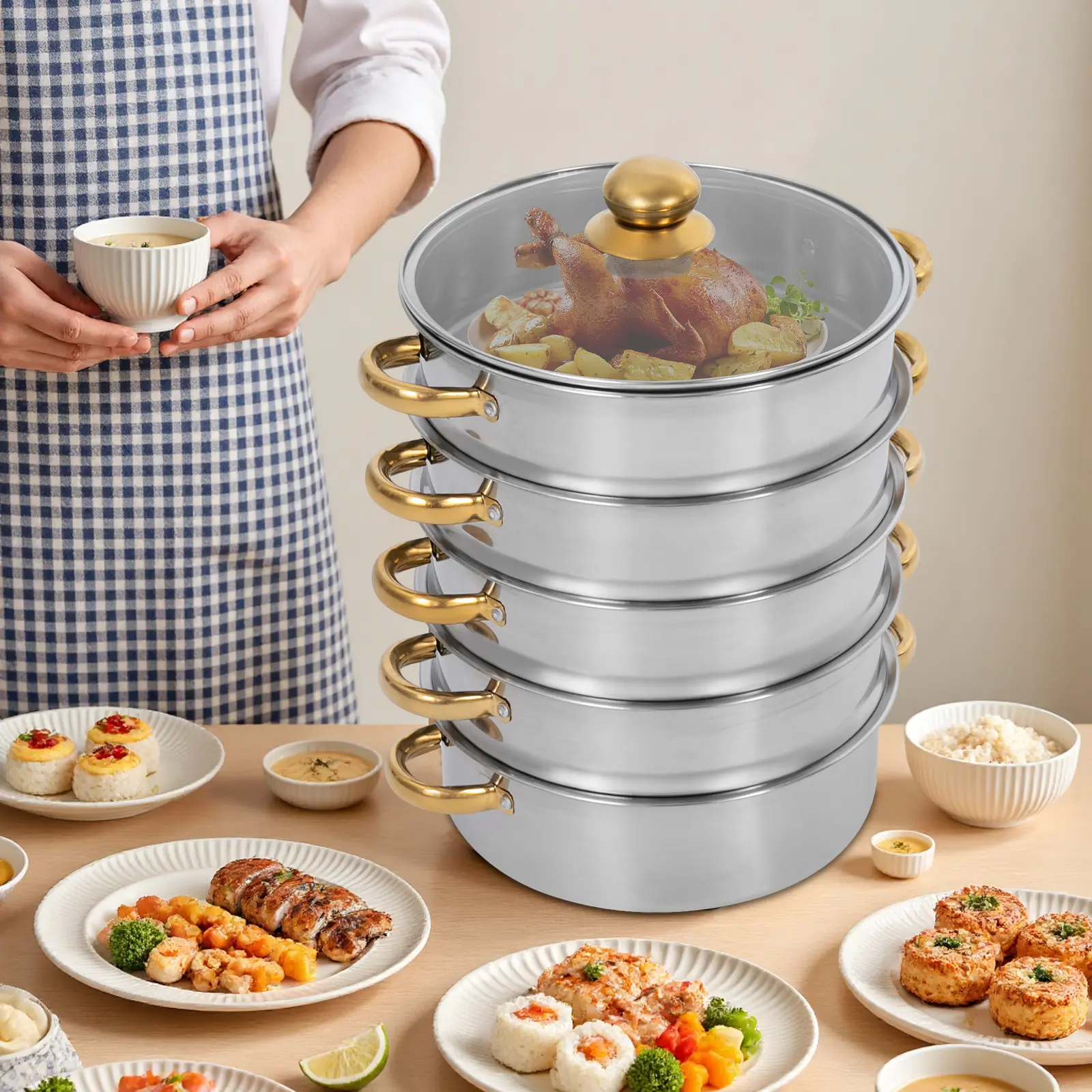 5 Tier Stainless Steamer Pot 30cm 9L for Gas Induction Stove Family Restaurant Camping