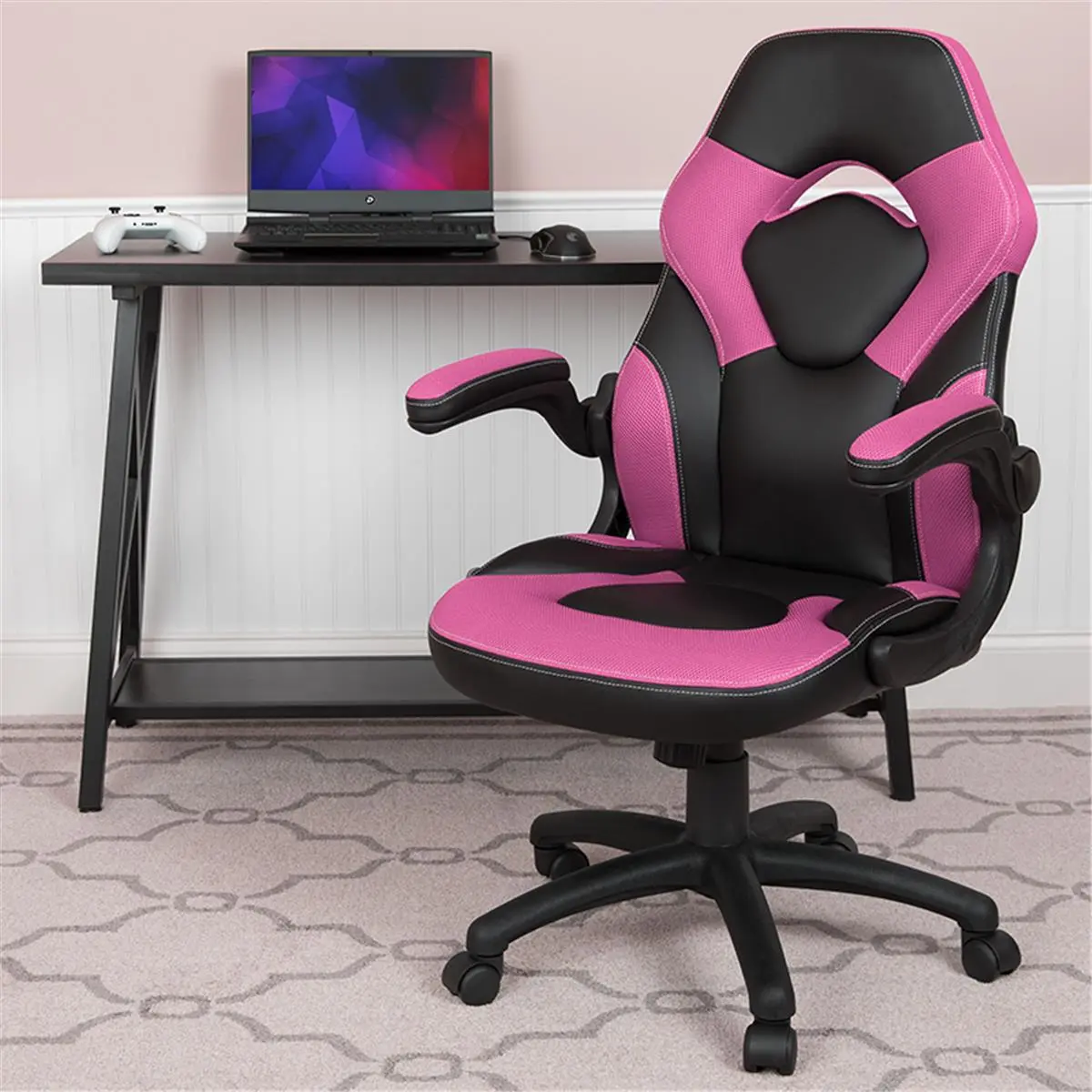 Flash Furniture 24.75 in. x 10 in. Contemporary High-Back Swivel Racing Gaming Chair - Adjustable Ergonomic Rolling Office Chair for Gamers, with Flip-Up Armrests, Mesh Inserts, Plastic Base, LeatherSoft, Pink & Black, Swivel Chair