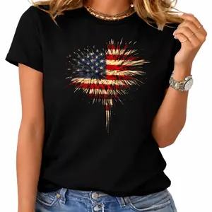 American Flag Firework Heart Shape 4th Of July Patriotic Celebration Casual Daily Women Short Sleeve Graphic T Shirt