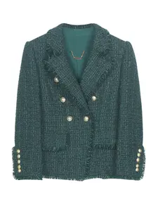 Elegant Women's Tweed Blazer Jacket Fringe, Fashionable Double Button Design, High-Quality Fabric, Perfect for Formal Occasions 25181