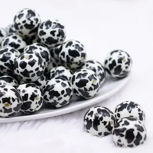 20mm Black & Cream Cow Animal Print Bubblegum Beads