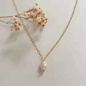 Cici Pearl Cross Necklace - Authentic Freshwater Pearl Wire-Wrapped 14k Gold Filled Paper Clip Chain Handmade in Hawaii