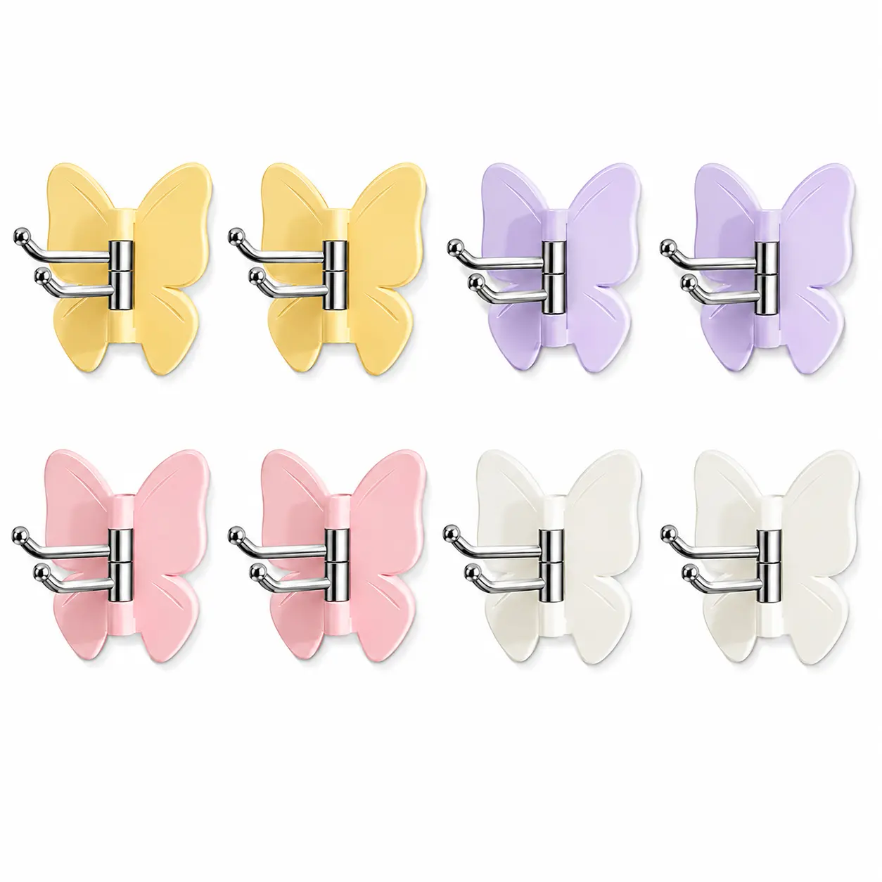 Rotatable Butterfly Triple Hooks No Drill Strong Self Adhesive Corner Hooks, Heavy Duty Waterproof Wall Mount Hanging Hooks for Bathroom Kitchen Bedroom Closet RV Dorm, Multi-Purpose No Punch Wall Organizer for Towels Clothes Utensils Bags Keys