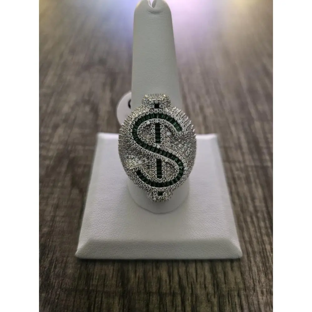 925 Sterling Silver 5.18CTW Emerald Green Iced Out Moissanite Dollar Sign Male Ring, Daily Wear, Sporty Look, Size 11