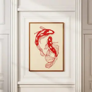 1PC Unframed Red Koi Fish Japanese Art Retro Poster Aesthetic Vintage Minimalist Painting Canvas Print Wall Picture For Dorm,Apartment,Living Room,Bedroom,Home Decoration