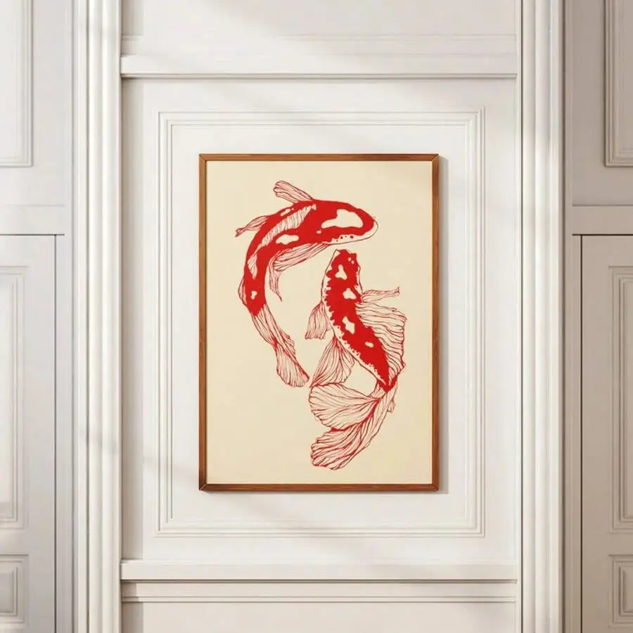 1PC Unframed Red Koi Fish Japanese Art Retro Poster Aesthetic Vintage Minimalist Painting Canvas Print Wall Picture For Dorm,Apartment,Living Room,Bedroom,Home Decoration