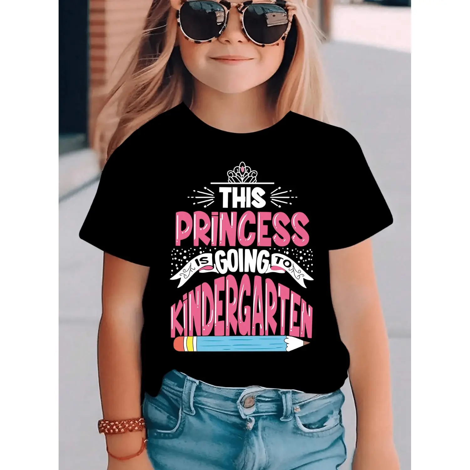 Summer Fashion Girls' Short-Sleeve T-Shirt with "This Princess Going Kindergarten" Letter Print Casual Versatile Top