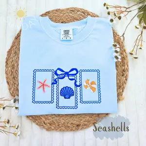 Seashells Stamps Embroidered Shirt, Beach Lover Shirt, Summer Embroidered Shirt, trendy Summer tee, Ocean Lovers Shirt, Sea Animals Tee