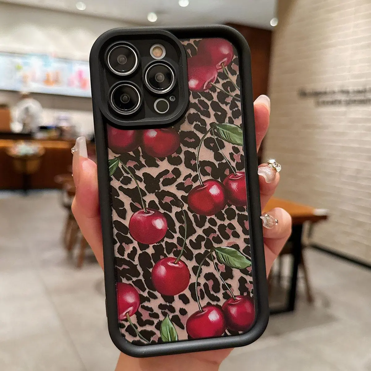 Cherry High Fashion Leopard Print Pattern Phone Case, Anti-fall Phone Protector Cover, Shockproof Phone Protective Case Compatible with iPhone 15 14 13 12 11 Series Protection Transparent