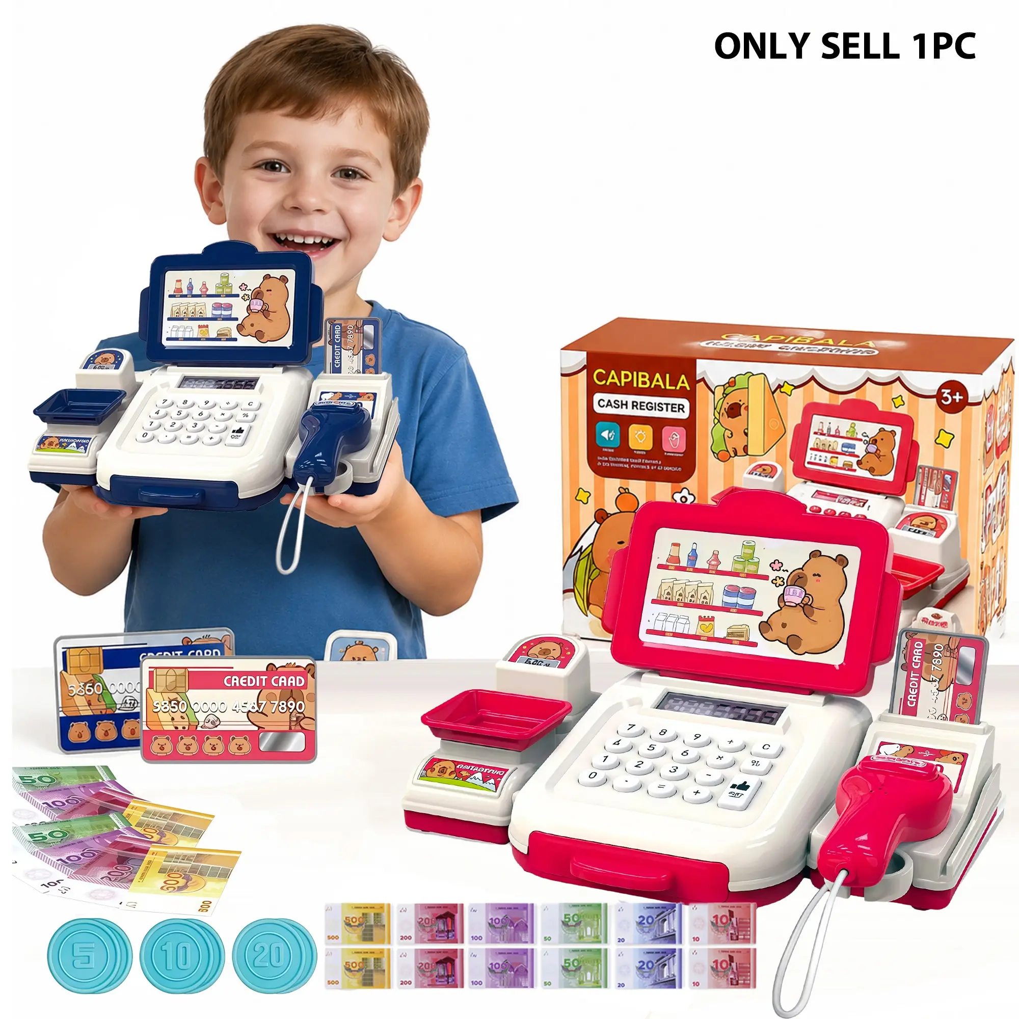 Fun Sticker Kids Role Play Scanner Cash Register Toy Set, Computer Mode, Sound Light Effects, Birthday Gift for Boys Girls